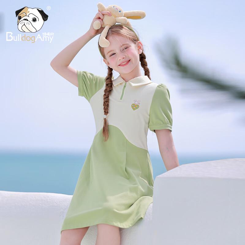 CHANZUIGOU Girls 2026 Summer Color-Block Lapel Short Sleeve Printed A-Line Dress 160