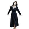 Women's Japanese Style Long Sleeve Polo Dress with Waist-Cinching & Slit A-Line Skirt - Contrasting Colors, Faux Two-Piece, Spring Arrival