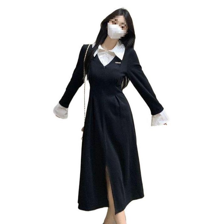 Women's Japanese Style Long Sleeve Polo Dress with Waist-Cinching & Slit A-Line Skirt - Contrasting Colors, Faux Two-Piece, Spring Arrival
