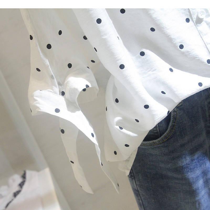 Mote Casual Vår Høst Polkadotter Trykk Langermet POLO Hals Bluser & Skjorter for Kvinner