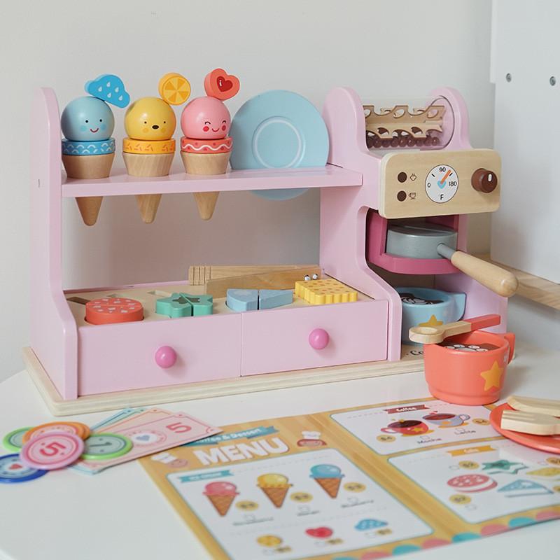 

Wooden Toy Educational Set With Ice Cream And For Play Creative Ice Cream Coffee Pink