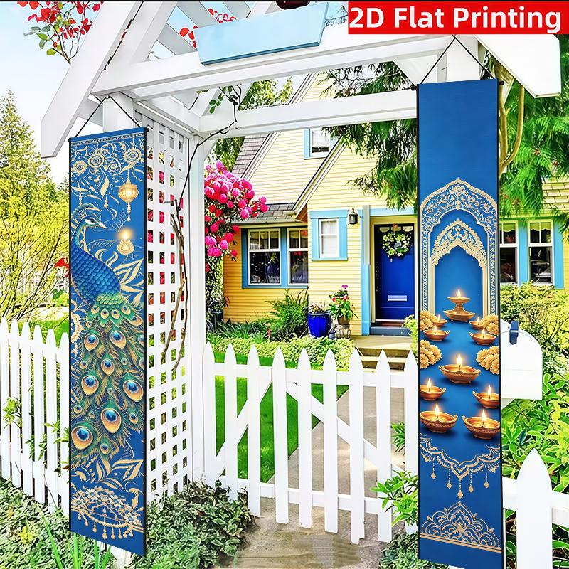 2D Flat, 2D Flat - 2D Flat, 2D Flat - 2D Flat, 2pcs, Banner/Sign (11.8 X 70.8 Inches / 30 X 180 Cm), Polyester Material, Blue And Golden Peacock Archw