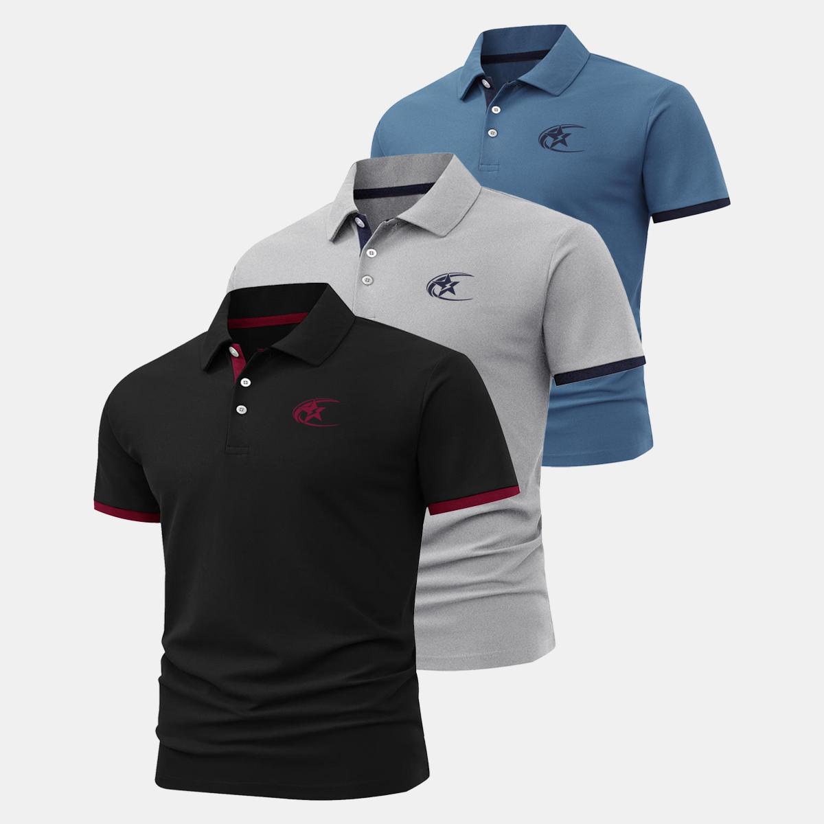 

Moisture-wicking short-sleeve men s golf shirt with three-button contrast cuffs and a printed chest design—perfect for casual,work,business settings L