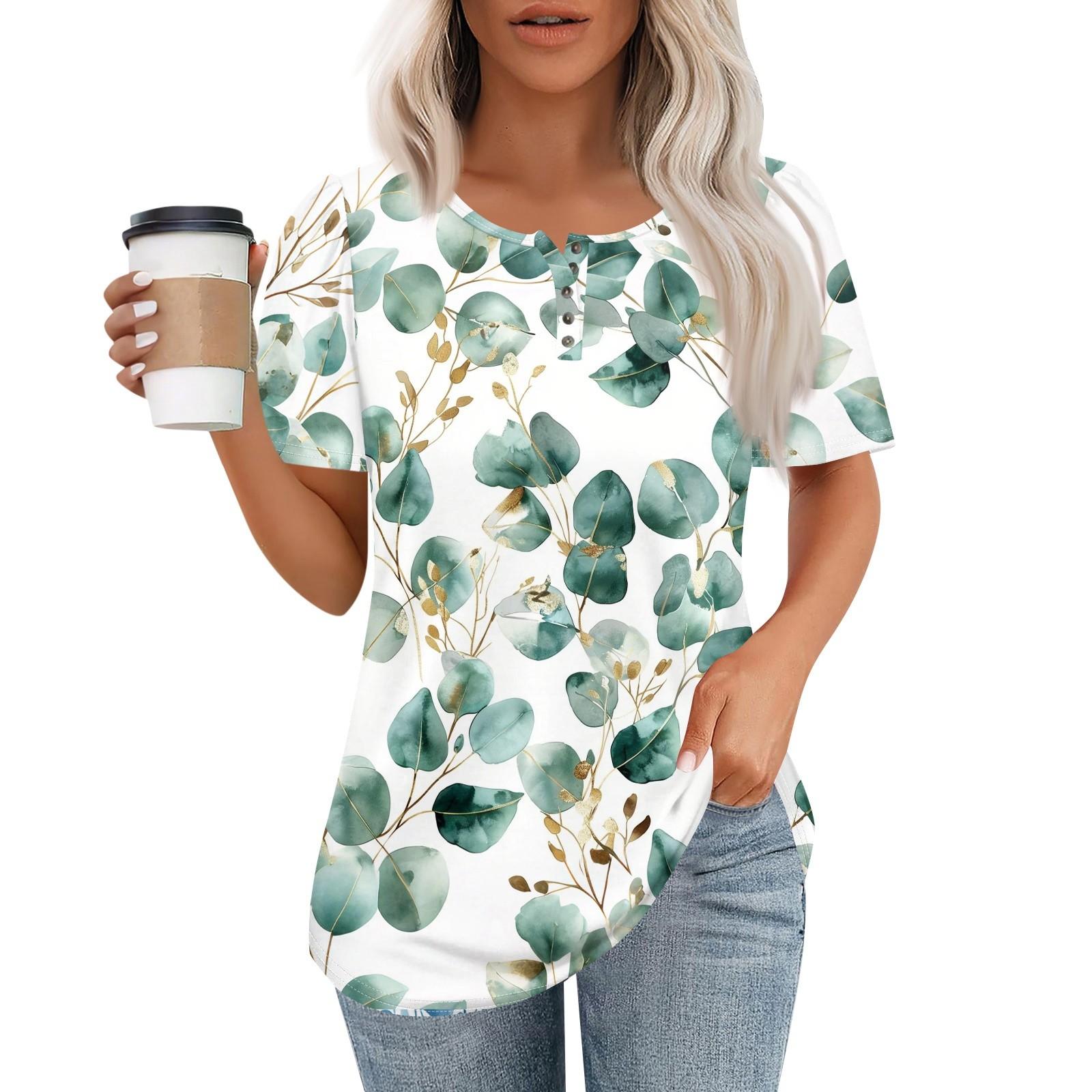 

Женский модный повседневный короткий рукав пуловер с принтом на пуговицах и круглым вырезом L зелёный