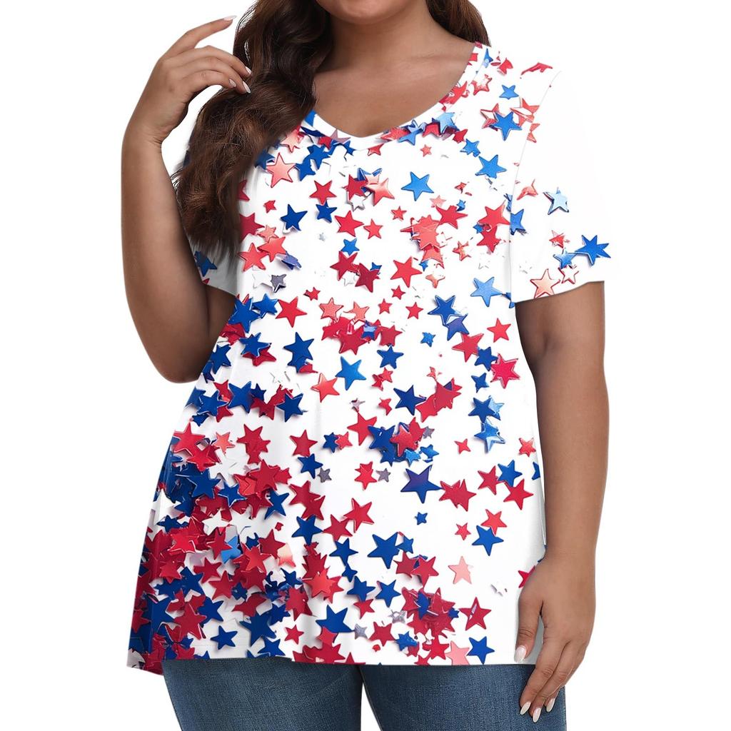 Women's Fashion Casual V-Neck Pullover Short Sleeve Large Size Printed T-Shirt Top