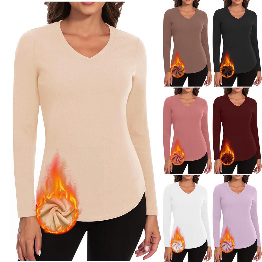 Women's Fashionable Casual Long-Sleeved Knit Top With Fleece , V-Neck, Solid Color, Slim Fit, Stretch Top