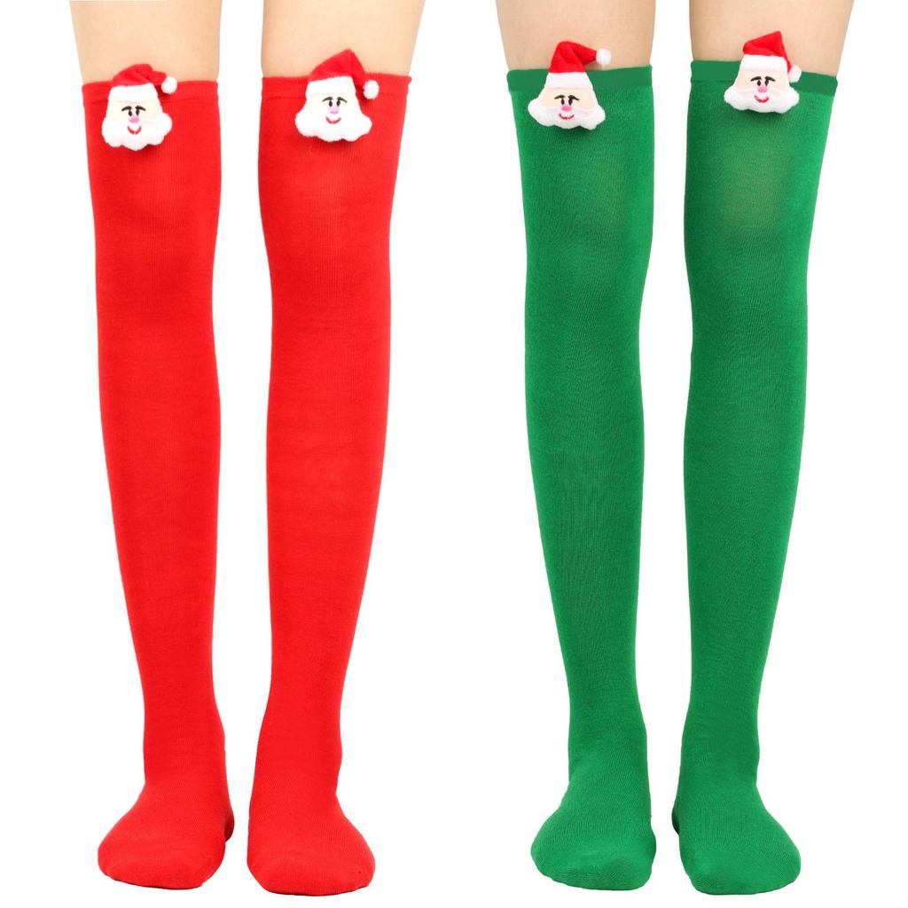 Women's Christmas Striped Thigh High Socks with Santa Claus Doll Design