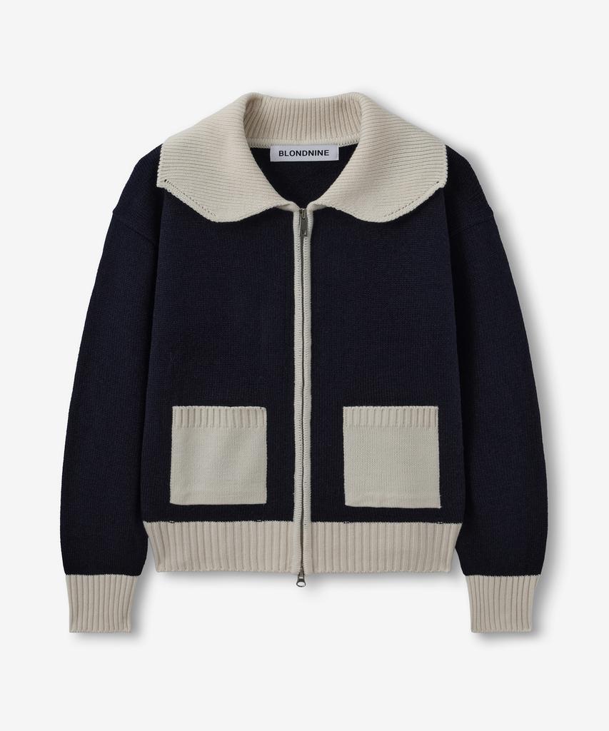 BLOND9 Shawl Collar Coloration Knit Zip-Up_Navy