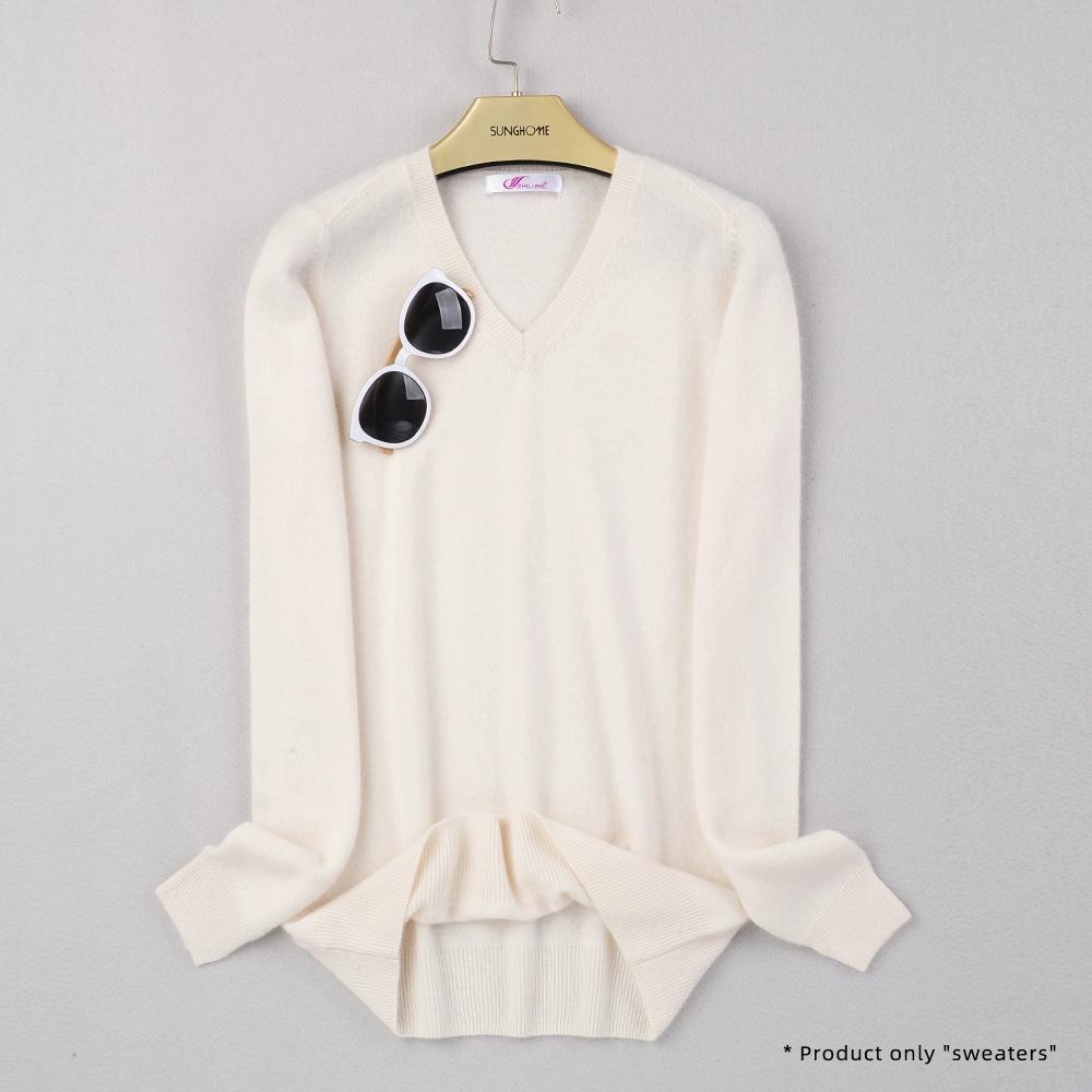 Women's V-neck Cashmere Sweater Warm Long Sleeved Sweater Solid Color