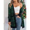 Women Casual Color Block Plaid Pocket Long Sleeve Open Cardigan Sweater Coat