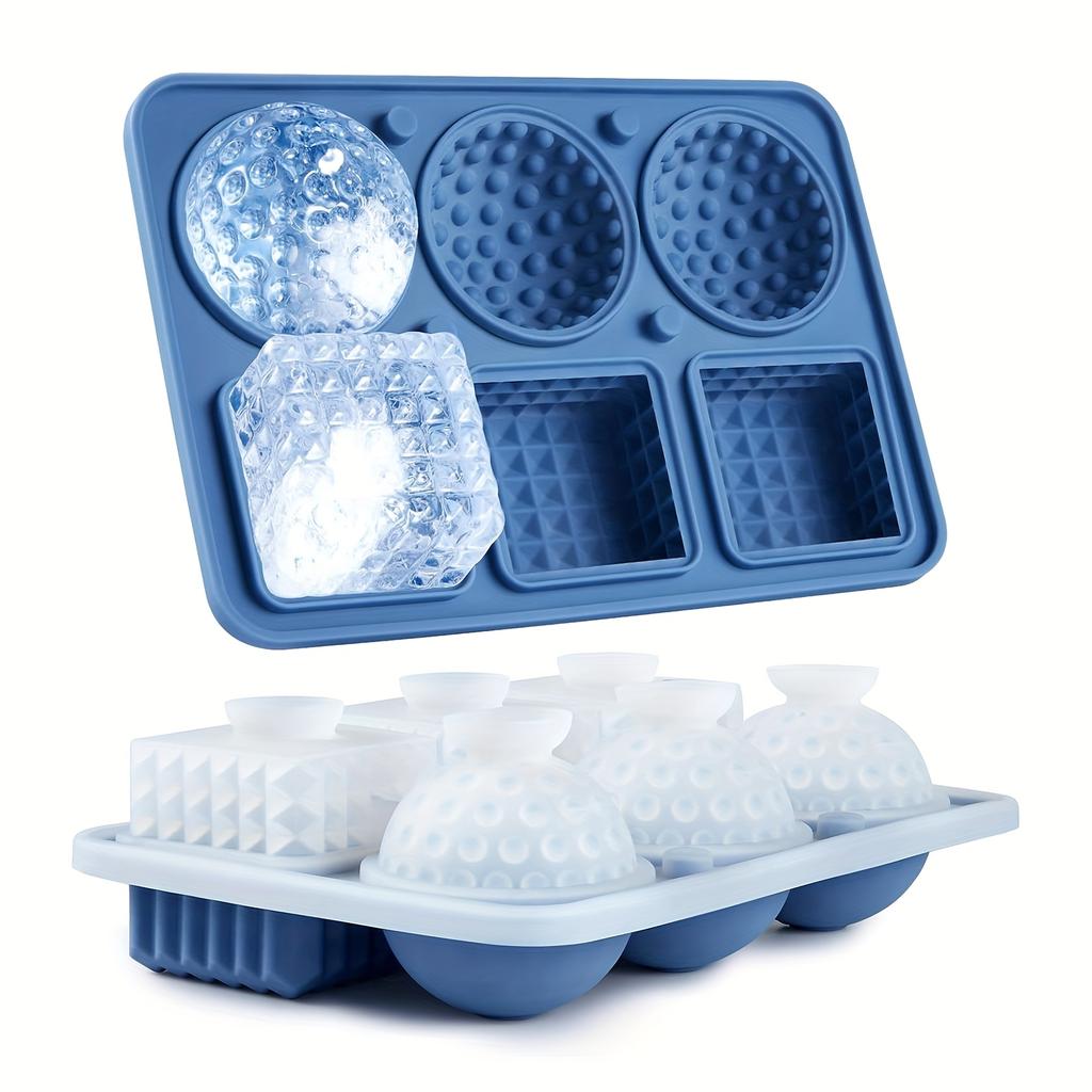 Large Silicone Ice Cube Tray, 3 Large Crystal Cubes and 3 Spherical Golf Ice Trays, with Fun Shaped Ice Maker Molds, 6 Hole Ice Mold with Funnel