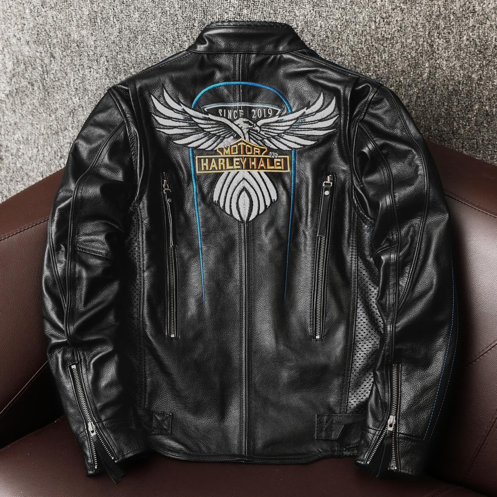 Men Genuine Leather Motorcycle Jacket Heavyweight Biker Coat with Armor Pockets
