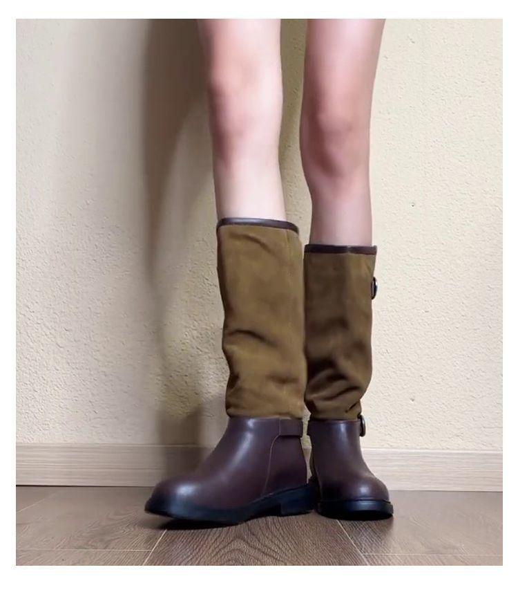 2025 New Vintage Western Cowboy Boots Women's British Style Belt Buckle Wide Tube But Knee Thick Heel Skinny Fashion Boots