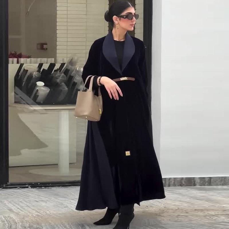 2026 Color Block Knee-Length Loose Coat Womens A-Line Polo Collar Long Sleeve Outerwear