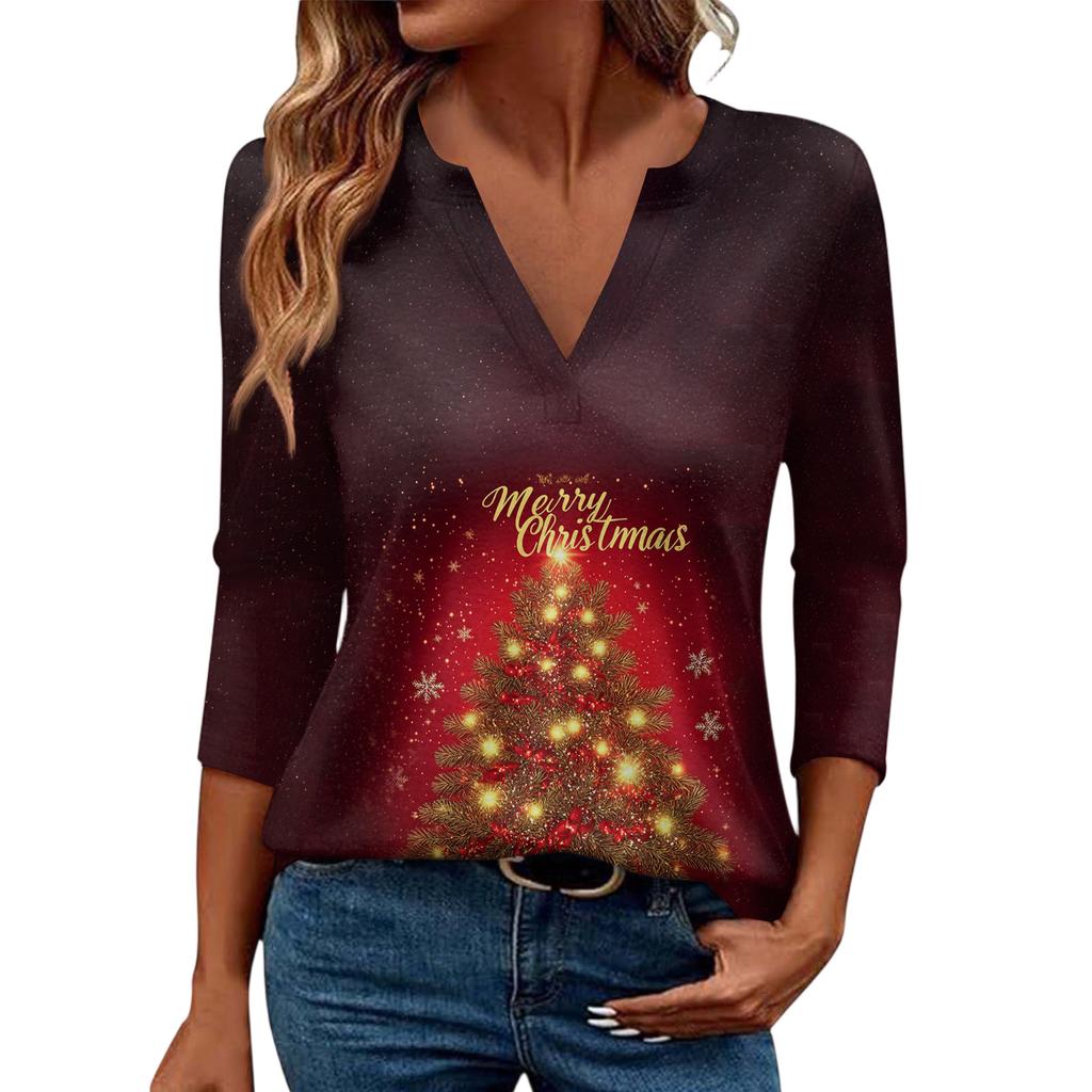 Women's Casual Fashionable Sexy Comfortable V-Neck Christmas Three-Quarter Sleeve Top