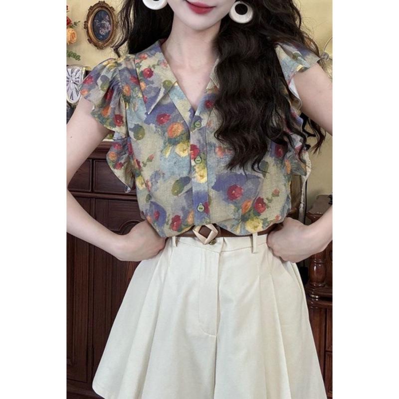 Retro Hong Kong Floral V-Neck Puff Sleeve Short-Sleeve Women's Shirt