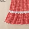 VONDA Women Elastic Waist Front Lace Hem Floral Print Casual A-Line Pleated Swing Skirts