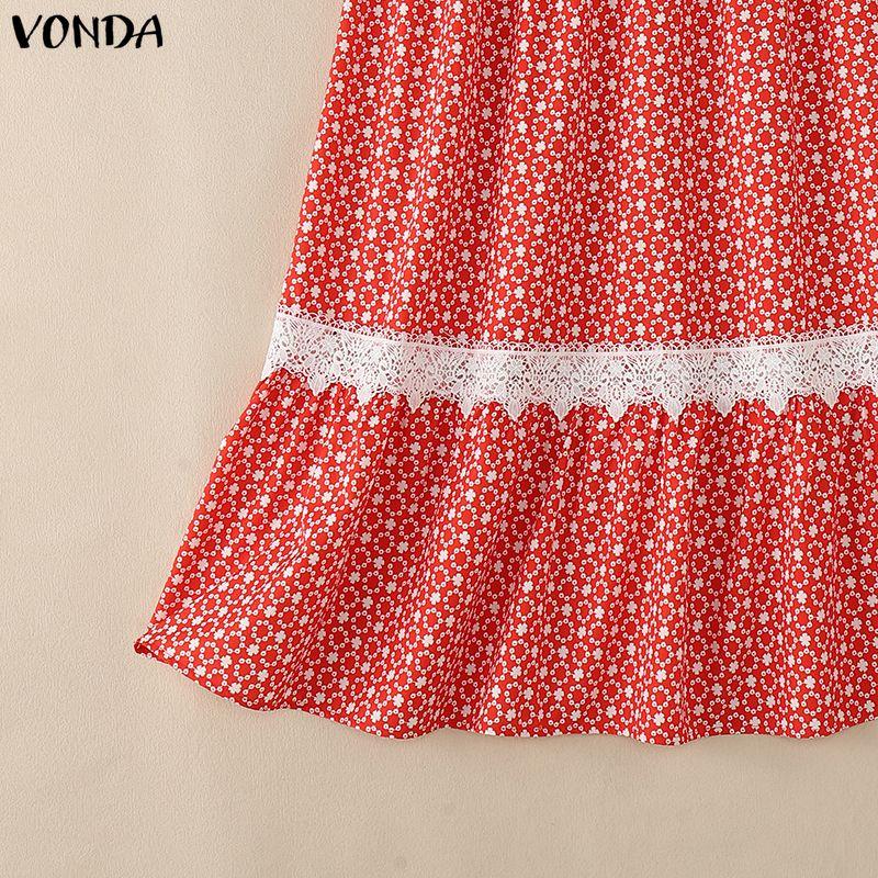 VONDA Women Elastic Waist Front Lace Hem Floral Print Casual A-Line Pleated Swing Skirts