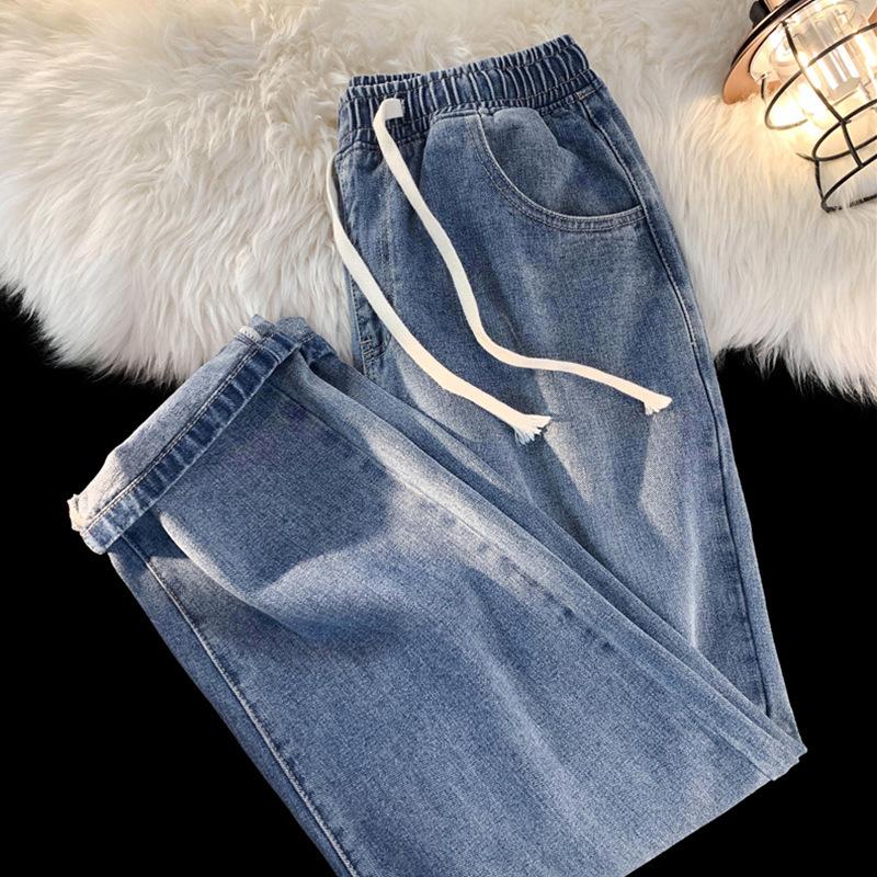 Fleece thickened straight women's jeans, new wide-leg cotton elastic waist pants in autumn and winter