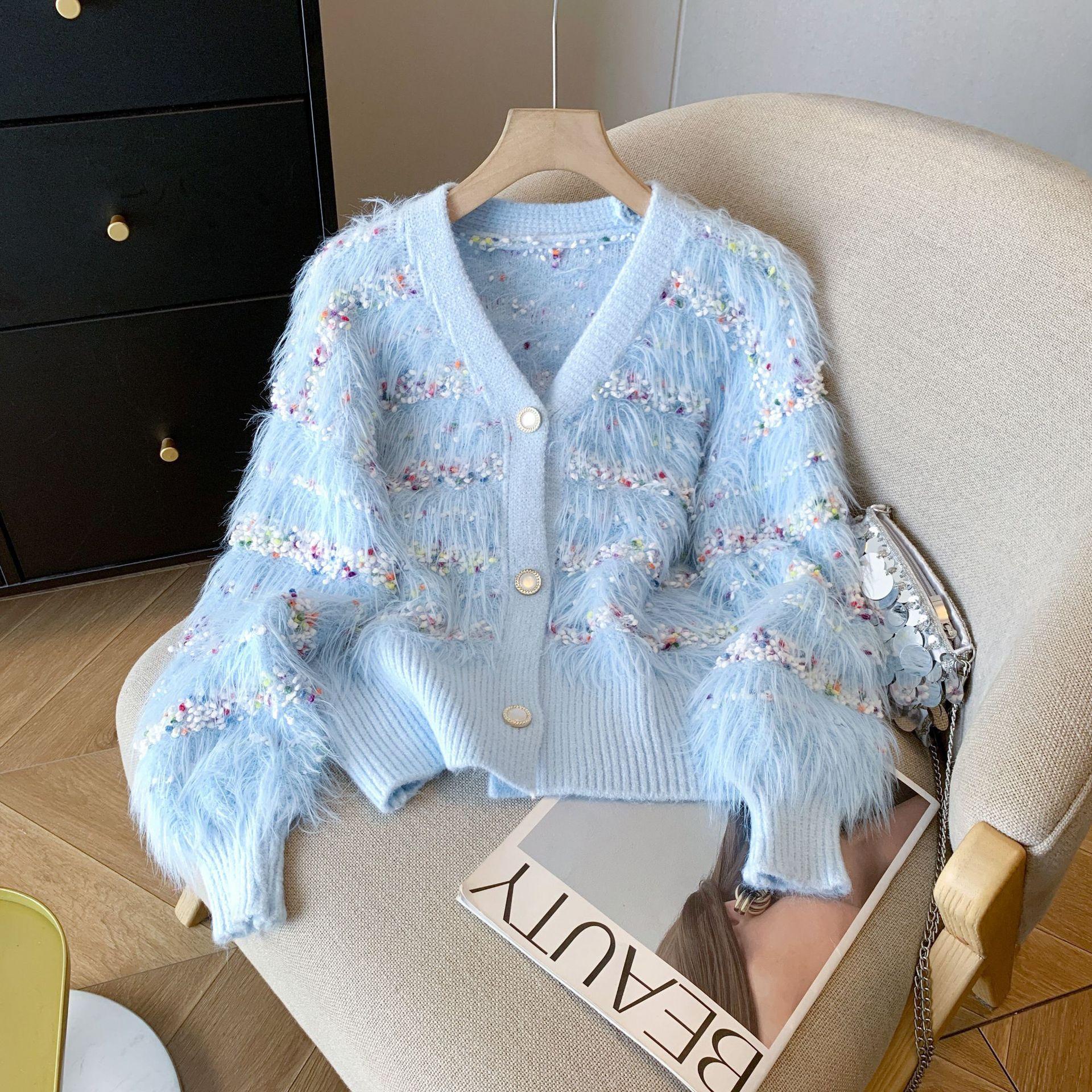 

Imitation Mink Knitted Sweater Jacket Women s Autumn and Winter Loose Casual V-neck Cardigan Fashionable Soft Waxy Sweater One size синий