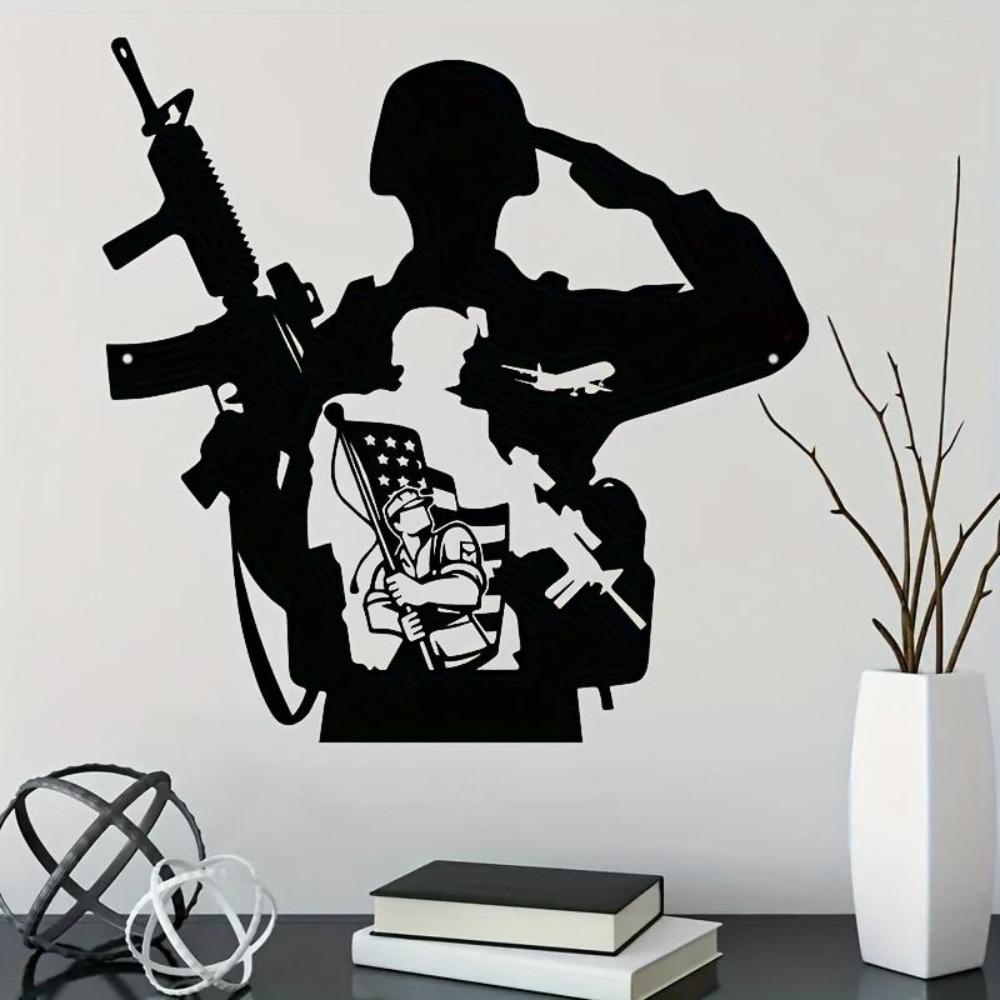 Black Metal Soldier Wall Art Silhouette Gun Flag Decor Office Home Cave Gift