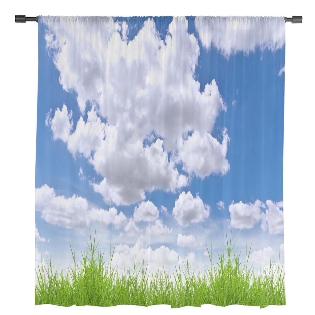 Niebieskie Niebo Białe Chmury Łąka Przezroczyste Zasłony do Salonu Woalowa Zasłona Sypialnia Łazienka Tiulowe Zasłony Dekoracje Okienne