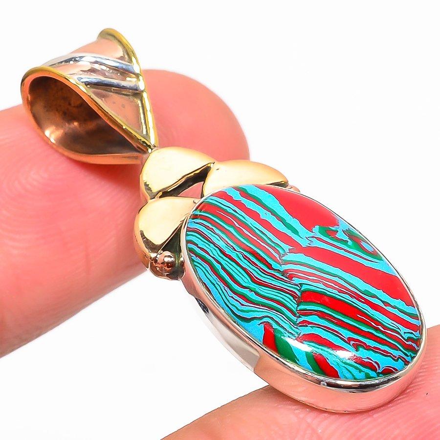 Natural Rainbow Calsilica Two Tone 925 Solid Sterling Silver Pendant 1.75'' L5k88