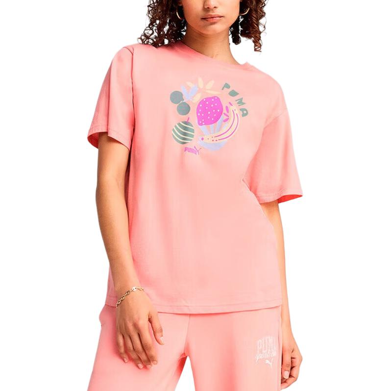Puma Graphics Relaxed Fruity Fashion Casual Versatile Short Sleeve T-Shirt Women Tops Pink 687711-18