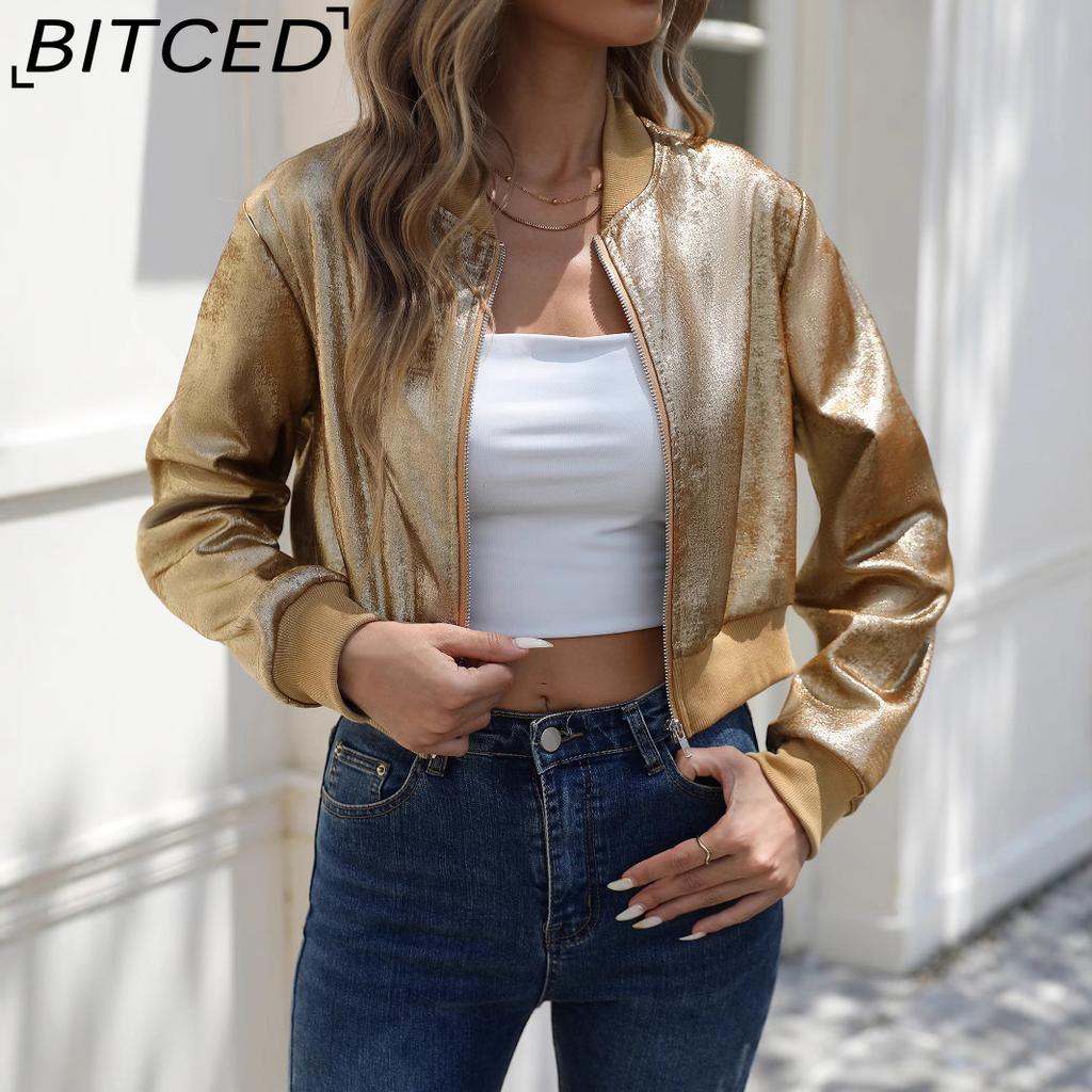 BITCED Women's Spring/Fall Long-Sleeve Zipper Gold Foil Casual Jacket