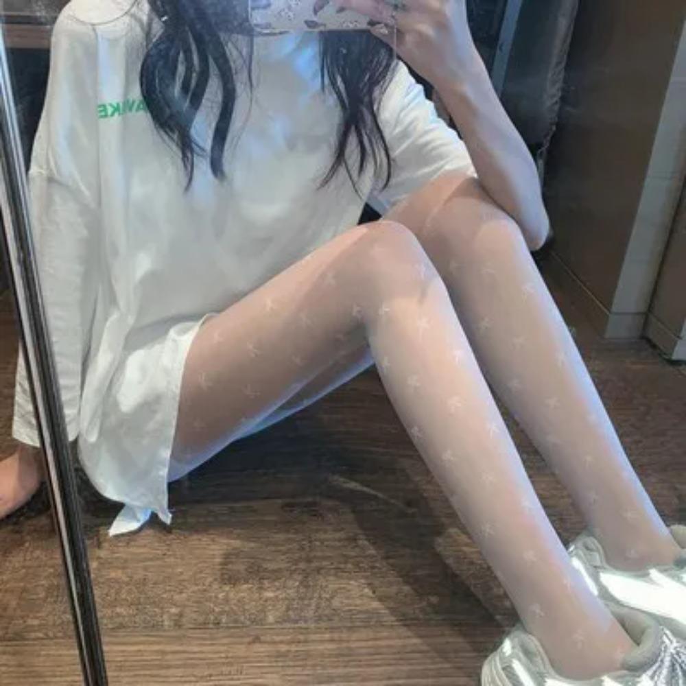 Meias de Seda Sexy de Bolinhas Laço/Coração Meias Finas para Senhora Collants de Nylon Preto/Branco Boate Feminino Senhoras Meias de Seda Meias