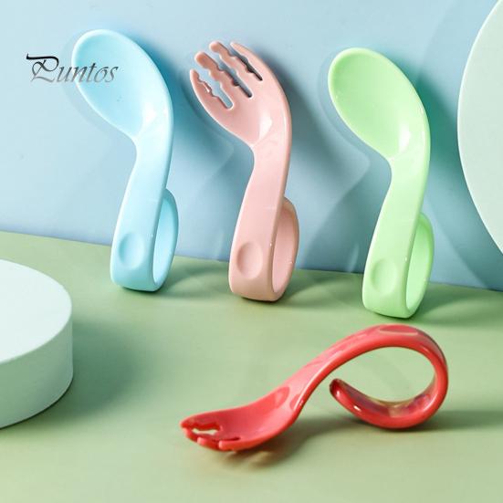 1 Set Offset Spoon Food Grade Adorable Appearance Adaptive Eating Aid Right Hand Learn Eat Baby Fork Spoon Set for Family