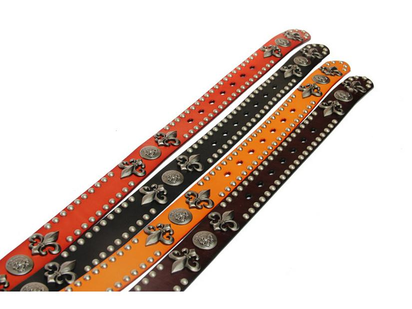 Męski pasek ze skóry bydlęcej w stylu punk z nitami w kształcie czaszek