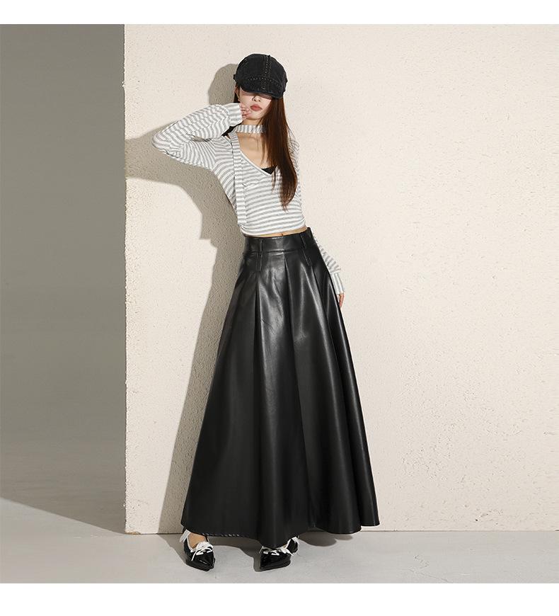 Women's High-End Retro Black PU Leather Pleated Midi Skirt - New Autumn/Winter Slim Fit, Large Swing Umbrella Style