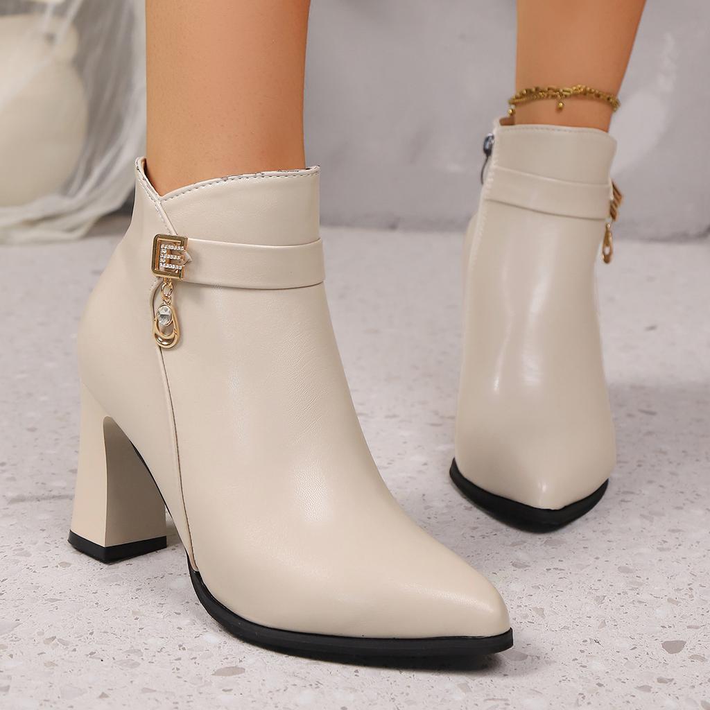 European and American pointed high-heeled fashion boots women's autumn new large-size side zipper metal decorative short boots