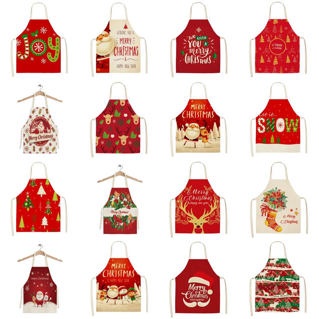 Christmas Snowflake Reindeer Gingerbread Man Print Linen Apron Sleeveless Dirty Resistant Cooking Bib 47x38cm 68x55cm