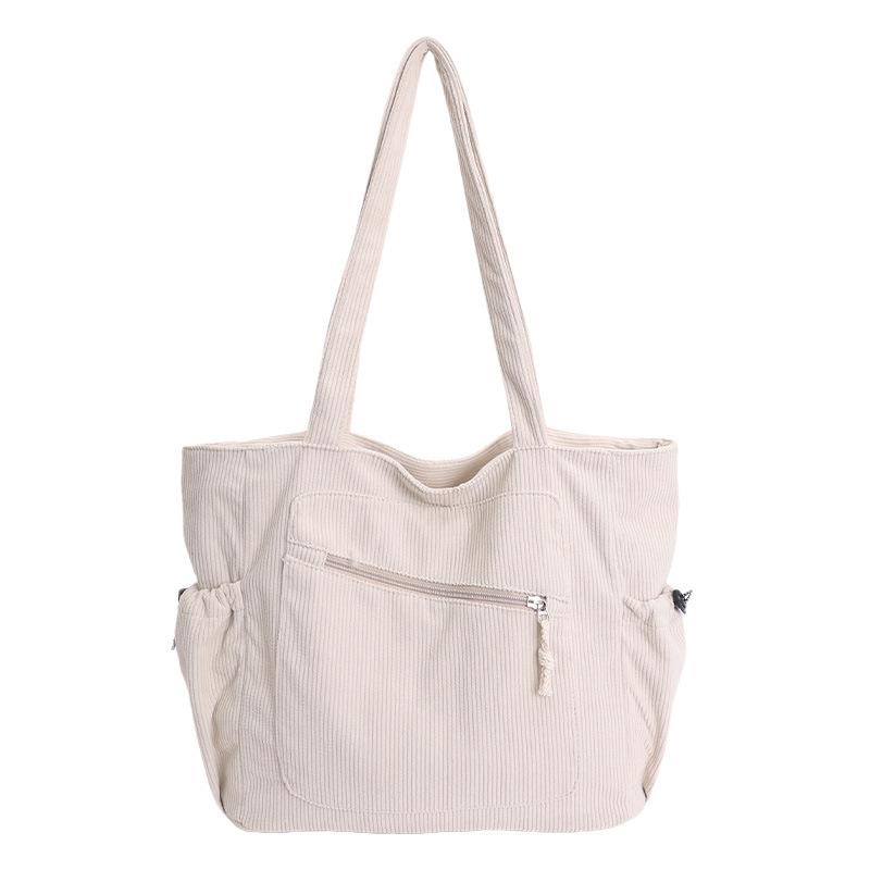 Solid color corduroy bag women's large capacity commuter tote bag with zipper lazy style simple velvet shoulder bag