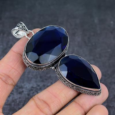 Doğal Londra Mavi Topaz 925 Ayar Gümüş Takı Kolye 3.35" G0w15