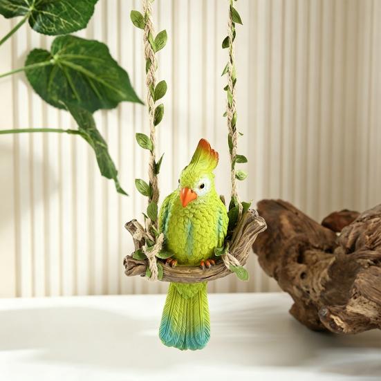 Parrot with Swing Ornaments Waterproof Resin Hanging Decoration Hemp Rope Simulated Green Leaf Design Lifelike Ornament for Balcony Courtyard