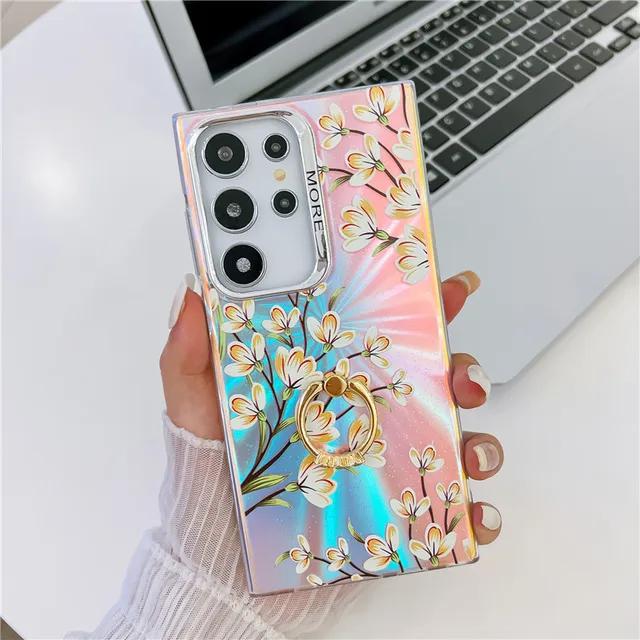 Bling Raser Prsten Držák na telefon Pouzdro pro Samsung S23 FE S24 A35 A55 A12 A25 A54 A14 A34 S22 Ultra Květinový List Pokovovaný Kryt