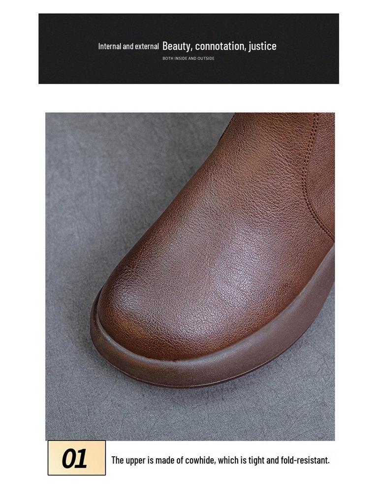 2024 Women's British Style Flat-Sole Velvet Mid-Length Martin Boots for Autumn and Winter