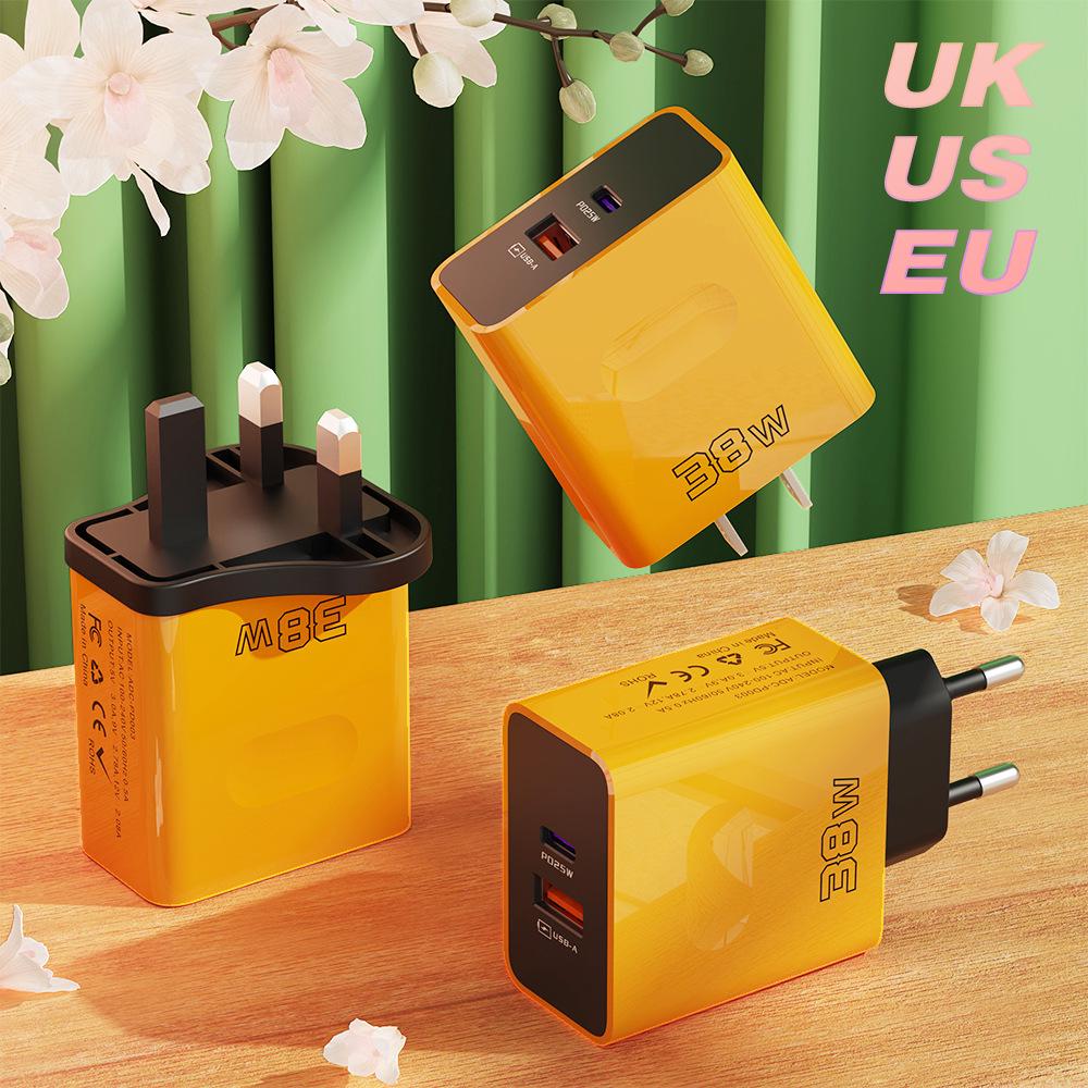 38W Dual-Port USB+PD Fast Charger with EU/US/UK Plug