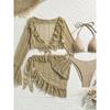 4PCS Halter With Sarong Long Sleeve Bikini Female Swimsuit Women Swimwear Four-pieces Bikini Set Bather Bathing Suit Swim V6338B
