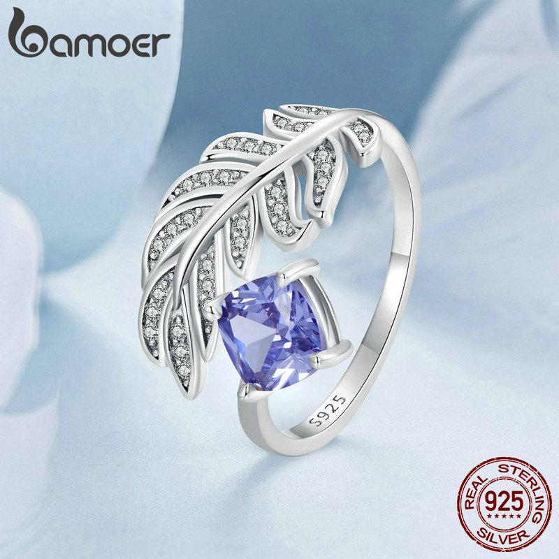 BAMOER 925 Sterling Silver Adjustable Feather Ring For Women with Blue Gemstone Dainty Feather Sizable Ring Jewelry