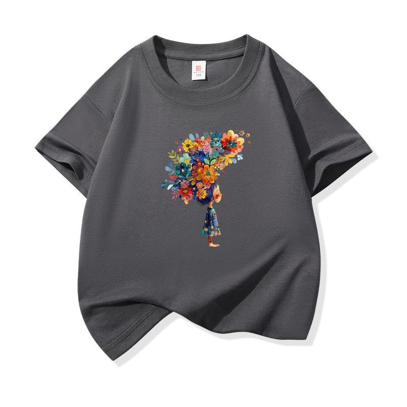 Kids Cotton T Shirt Multicolor Flower Girl Print Crew Neck Short Sleeve Tee Casual Breathable Boys Girls Summer Tops
