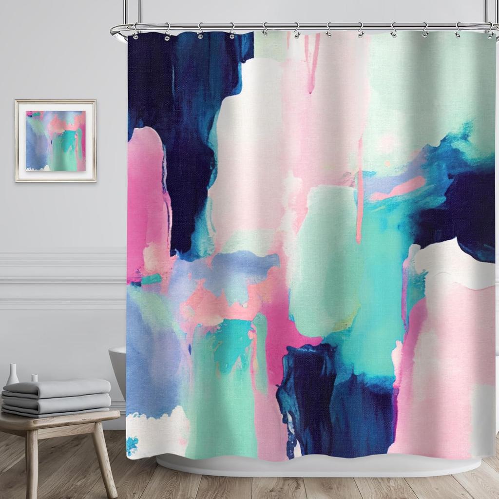 Riyidecor Abstract Watercolor Shower Curtain Blue Pink Aesthetic Modern Art Ombre Contemporary Colorful Girls Women