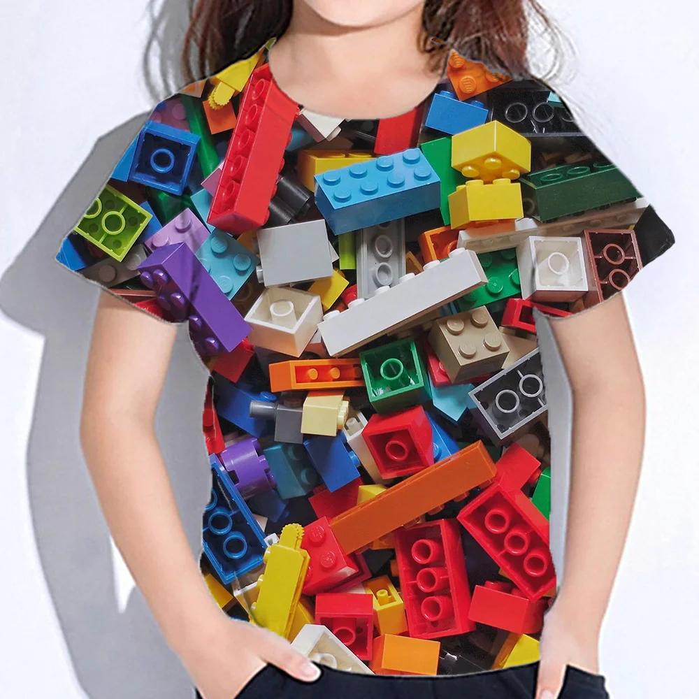 3D Colourful Bricks Short Sleeve Tshirts Summer Children's Boy's Clothing T-Shirt For Girls Kids Clothes Fashion 2026 Tees Tops