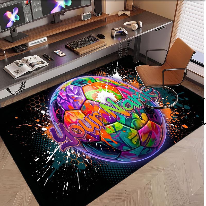 Soccer Theme Soft Crystal Velvet Rug Custom Name & Text Print Non Slip Floor Rug for Bedroom Living Room