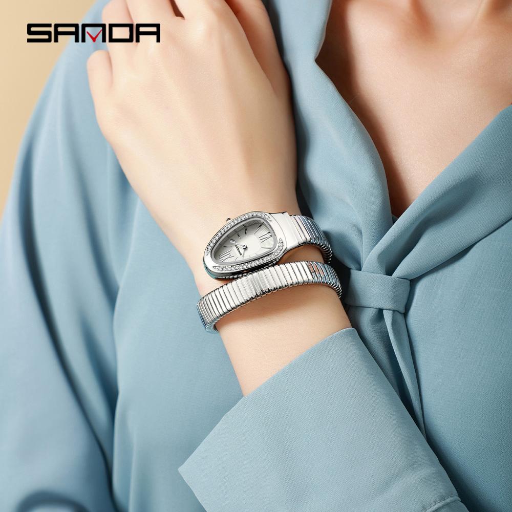 SANDA Fashion Women's Quartz Watch Serpentine Inlaid Diamond Women's Watch Retro Light Luxury Women's Quartz Watch