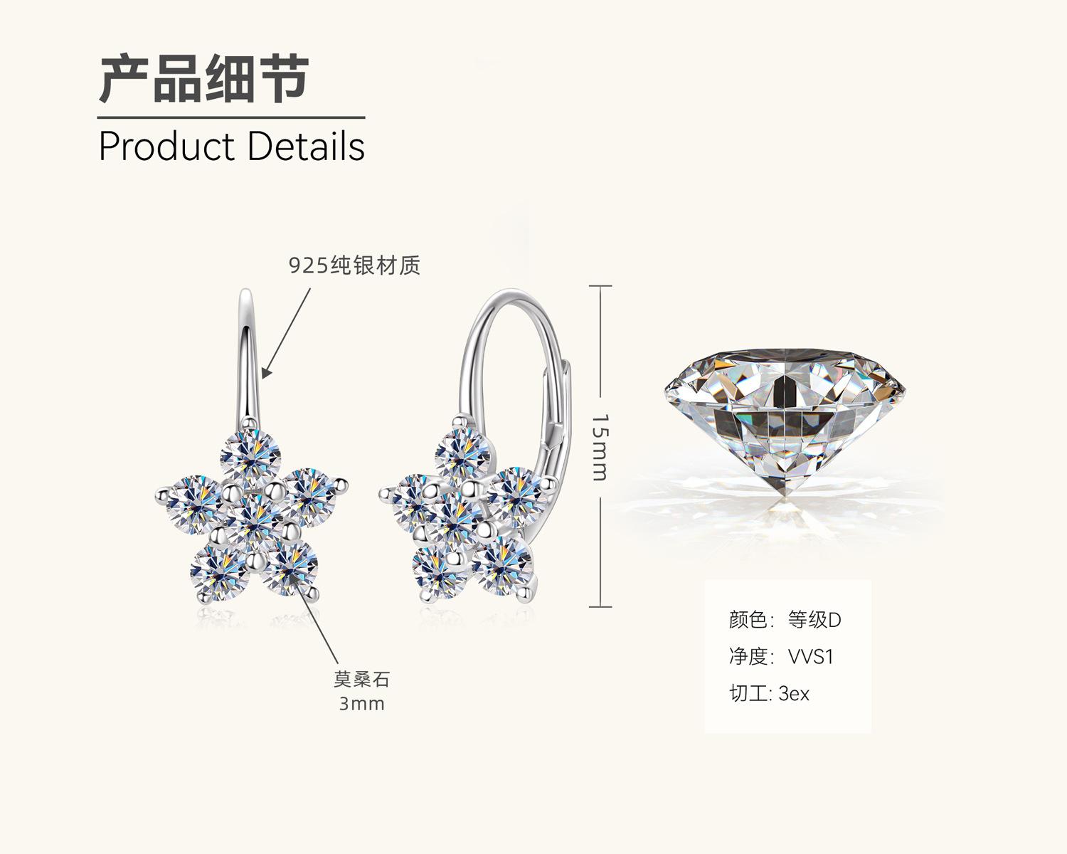 

Silvere Glam Корейская версия в стиле Инс Новые серьги-пусеты с муассанитами в виде снежинок Шестиконечная звезда Цветок 925 проба Стерлинговое серебро Серьги с кисточками 0.6 carat+0.6 carat белый