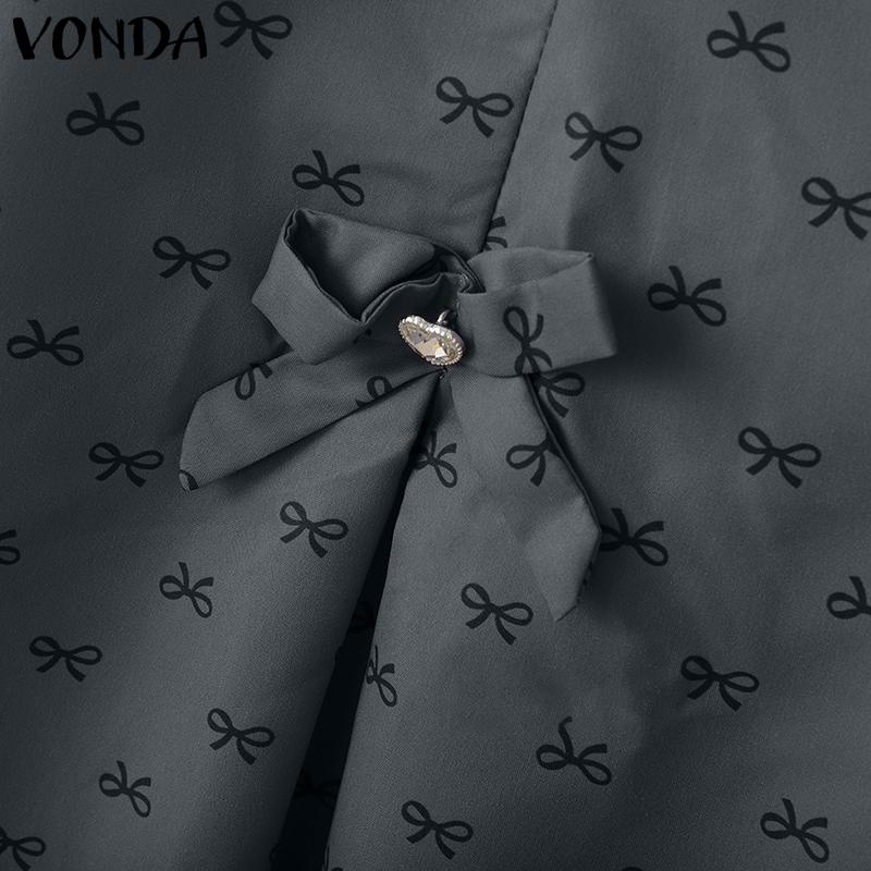 VONDA Women College Style Ruffled Neck Bow Knot Polka Dots Patchwork Pleated Dress